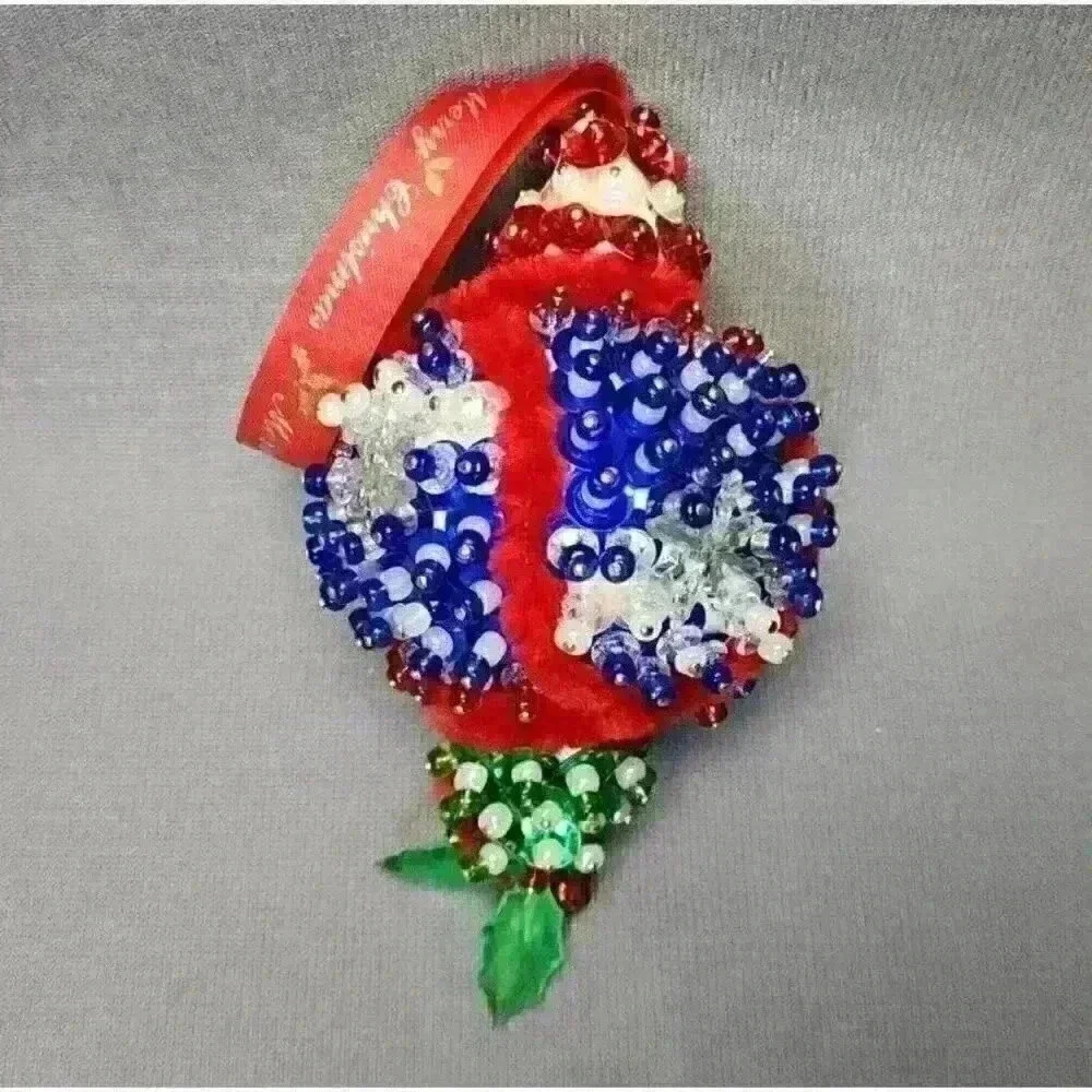 Patriotic America Push Pin Christmas Ornament 4" Beaded Red White & Blue Sequins